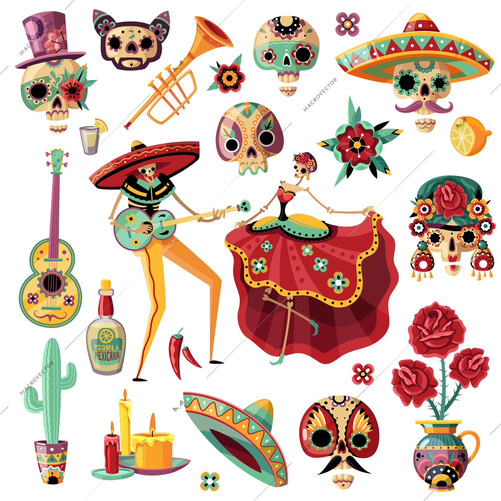 Mexican holiday day of dead set, ethnic music and dance, decorative masks, candles, flowers, isolated vector illustration