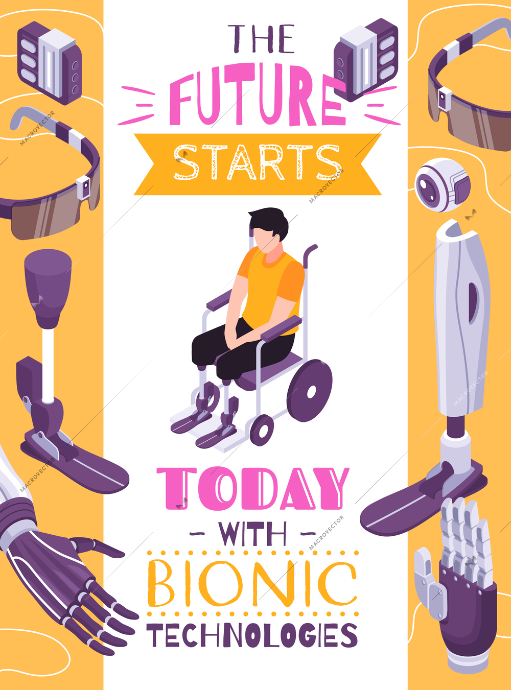 Bionic prosthesis concept isometric composition poster with robotic limbs for specific activities brain controlled eye vector illustration