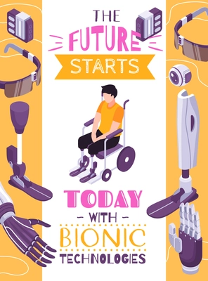 Bionic prosthesis concept isometric composition poster with robotic limbs for specific activities brain controlled eye vector illustration