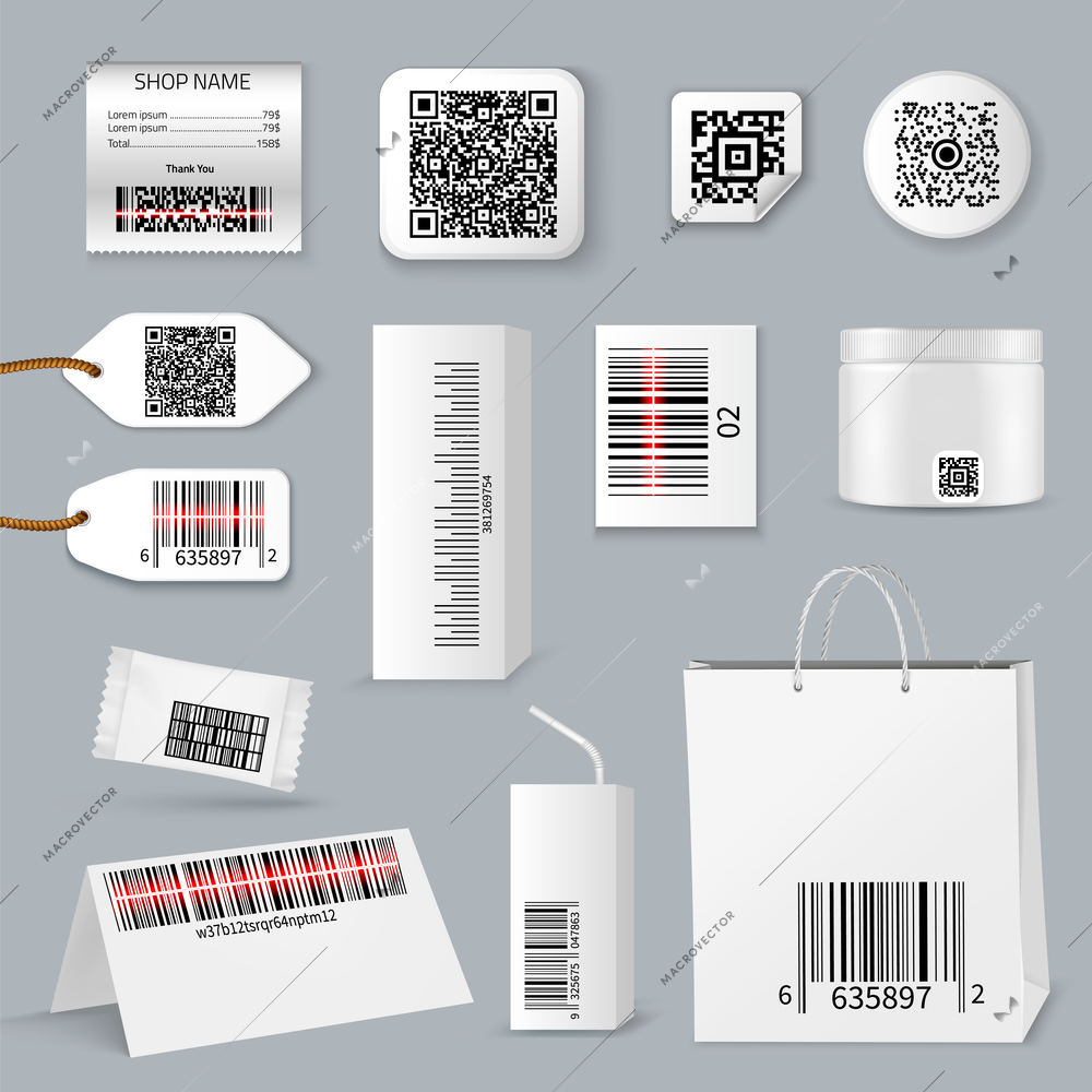 Isolated realistic qr bar code using scanning icon set different types sizes and their application vector illustration