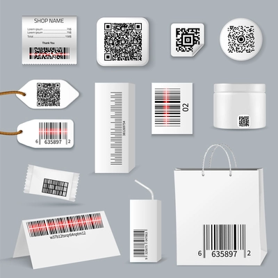 Isolated realistic qr bar code using scanning icon set different types sizes and their application vector illustration