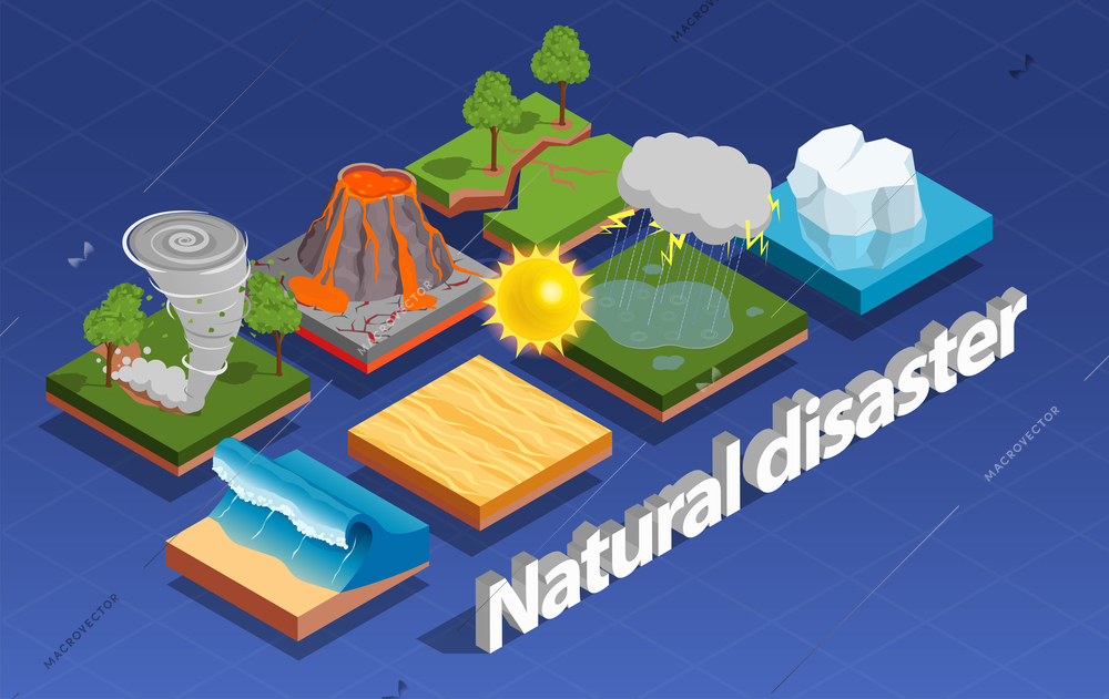 Natural disaster isometric composition with volcano eruption and tornado isolated vector illustration