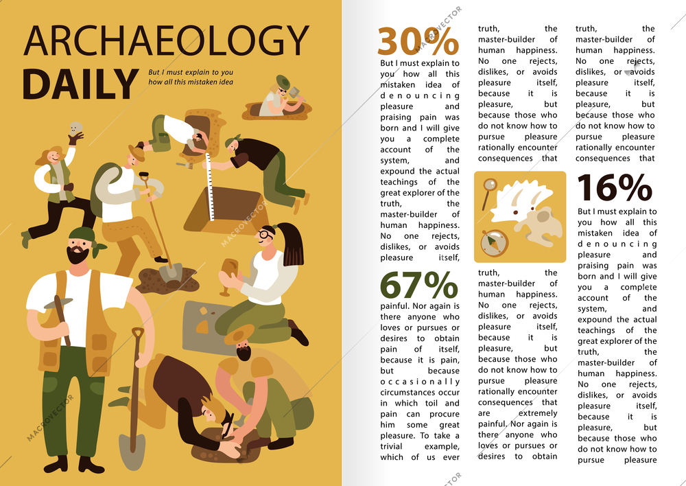 Archaeologists daily work infographic presentation with tasks description  discoveries statistics text funny characters excavation site vector illustration