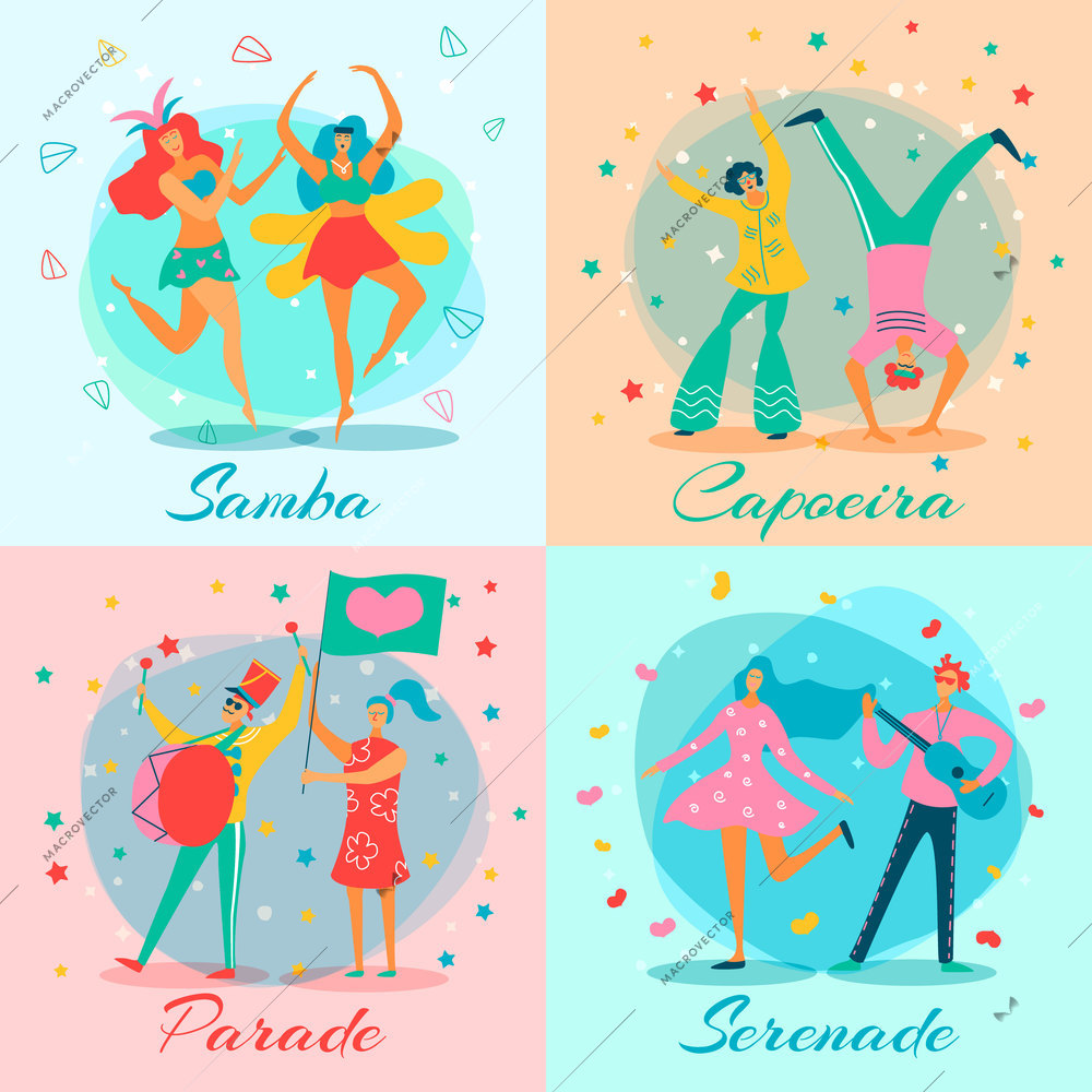 Four squares parade people flat icon set with samba capoeira parade and serenade descriptions vector illustration