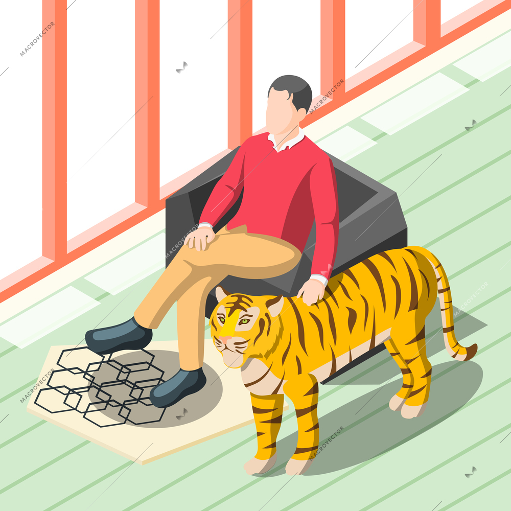 Rich people isometric background with wealthy man sitting in chair patting tiger standing near vector illustration