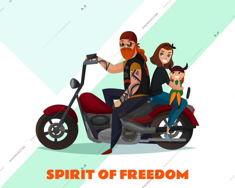 Happy family couple of bikers with child on motor cycle on light background  cartoon vector illustration