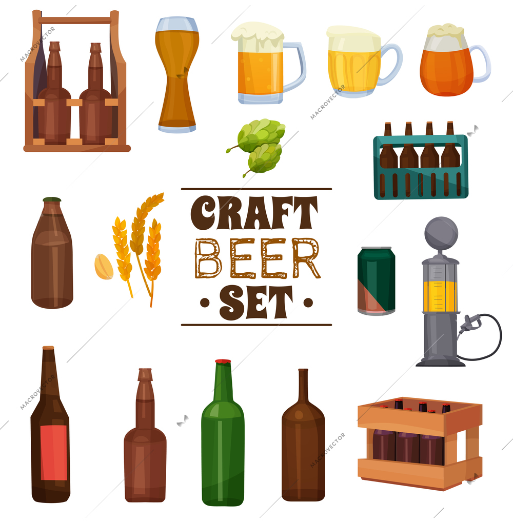 Craft beer set with plant ingredients for brewing, mugs with foam, various packaging isolated vector illustration