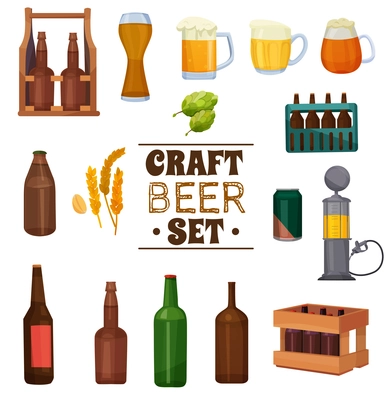 Craft beer set with plant ingredients for brewing, mugs with foam, various packaging isolated vector illustration