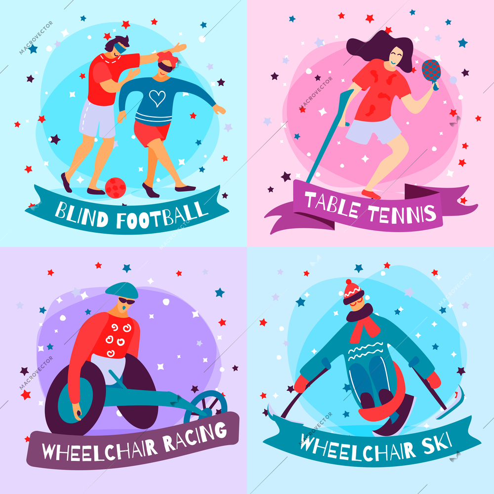 Four squares disabled people sport flat icon set with blind football table tennis wheelchair racing and sky descriptions vector illustration