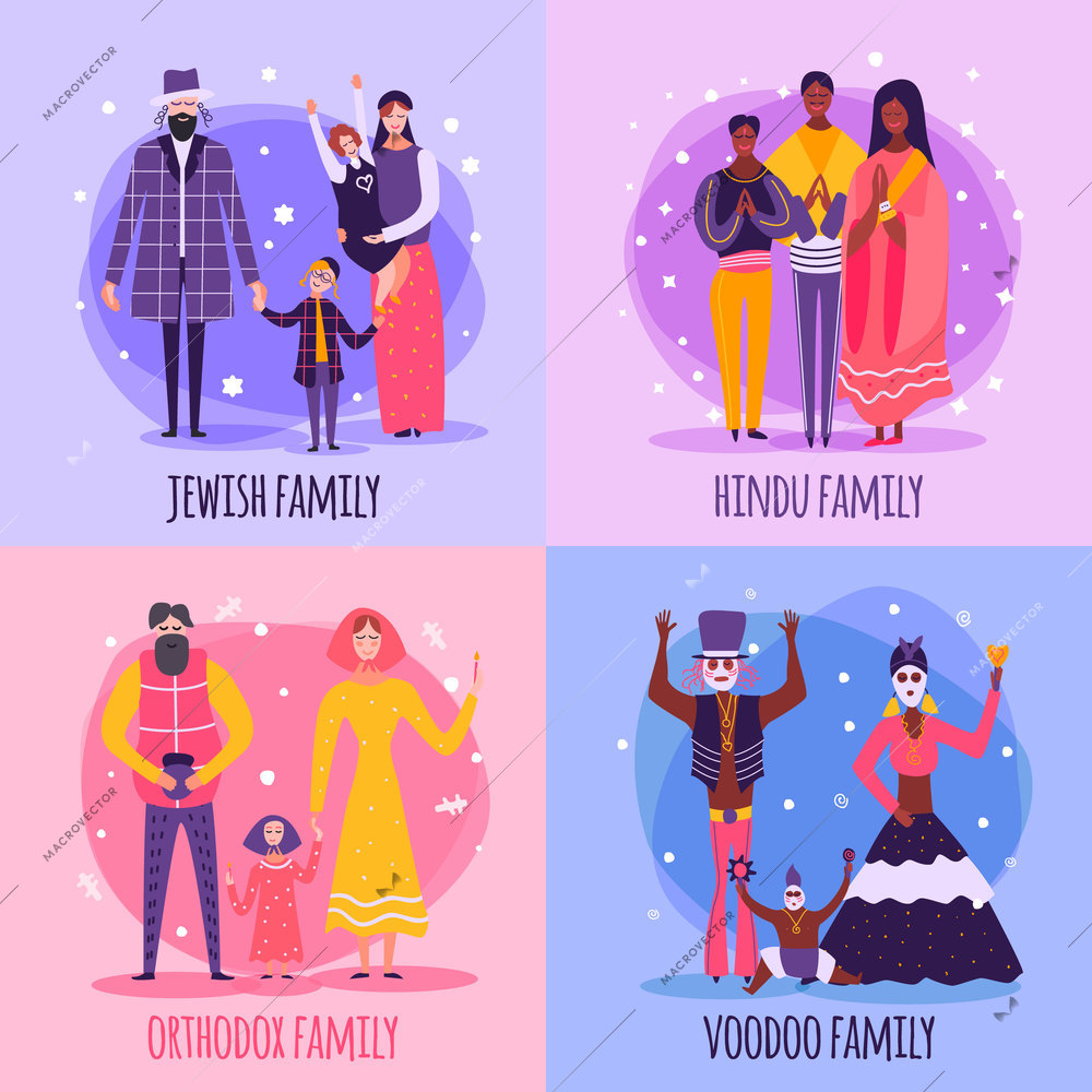 Four squares different religious people family flat icon set with jewish hindu orthodox voodoo family descriptions vector illustration