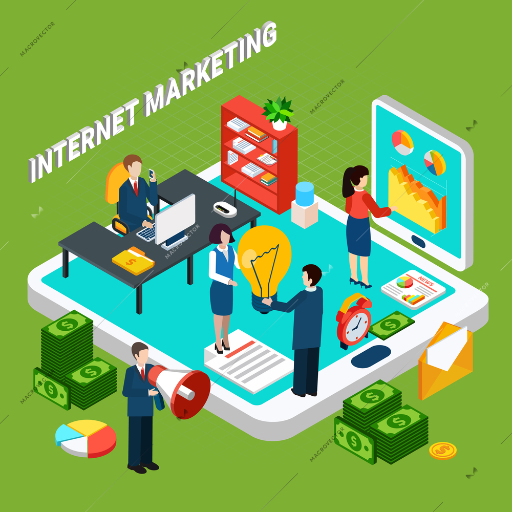 Internet digital marketing isometric concept with people working at office money and electronic devices 3d vector illustration