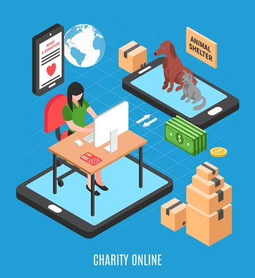 Charity online isometric design concept with call for make donation to animal shelter vector illustration