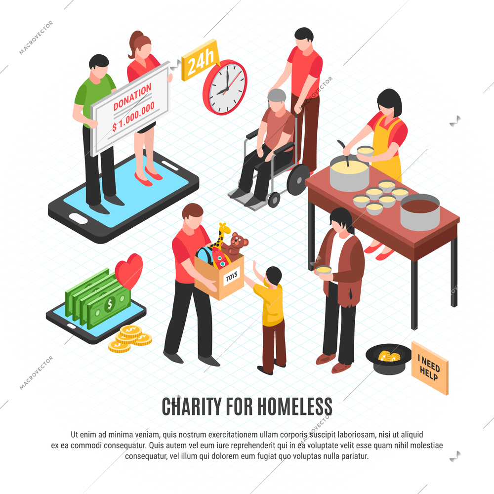 Charity for homeless design concept with volunteers donating toys money and feeding free food isometric vector illustration