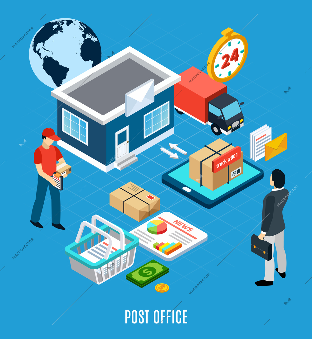 Mail isometric composition with approximate scheme of the post office and post office headline vector illustration