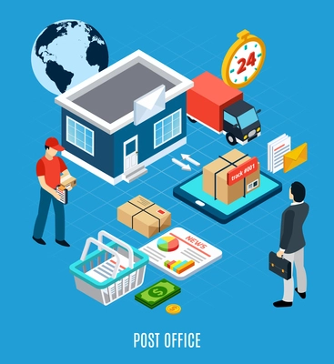 Mail isometric composition with approximate scheme of the post office and post office headline vector illustration