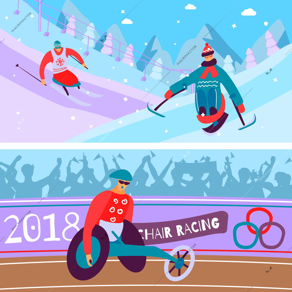 Two horizontal and flat disabled people sport composition set with wheelchair ski and racing descriptions vector illustration
