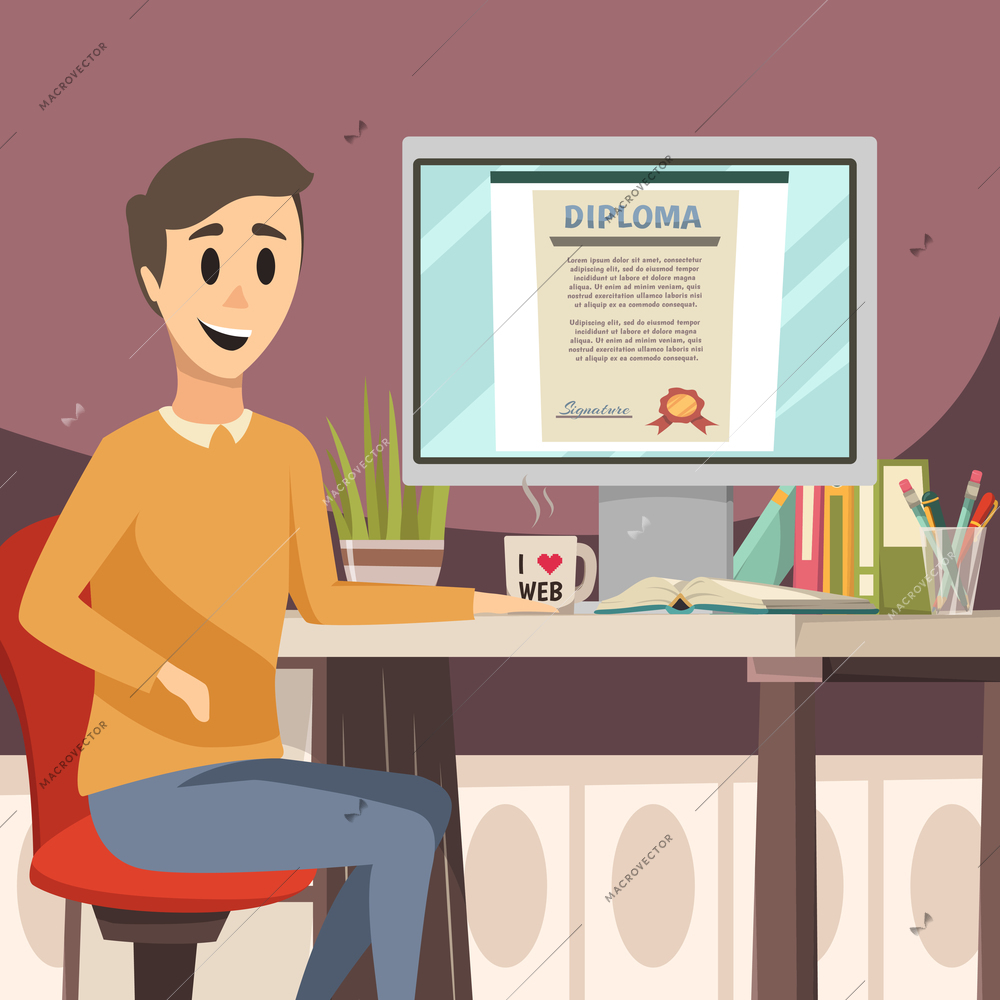 Online education orthogonal background with young man sitting at desk and diploma image on computer screen flat vector illustration