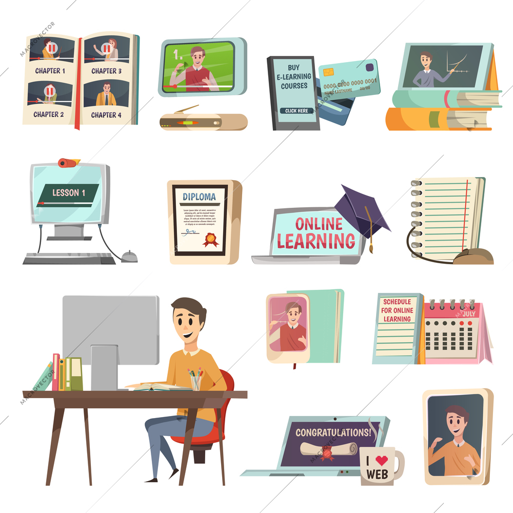 Online education orthogonal set with learning courses app in phone and notebook tutorials diploma and schedule in memo book flat icons vector illustration
