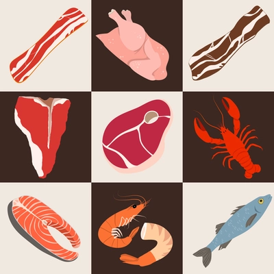 Food fish and meat flat icons collection of chicken shrimp bacon vector illustration