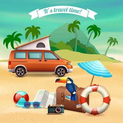 Summer realistic holidays poster with touristic orange bus and it s a travel time headline vector illustration