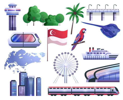 Singapore cartoon set icons of map flag transport gardens fauna ferris wheel vector illustration