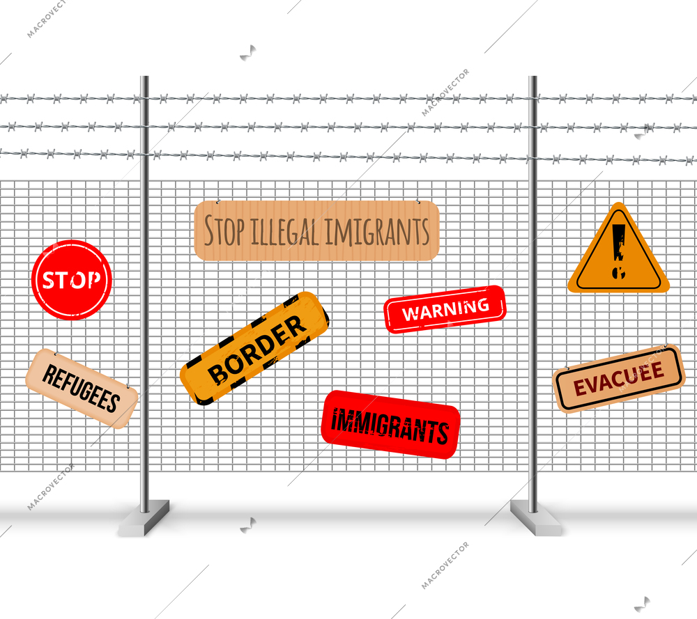 Immigrants fencing barrier realistic composition and signs with inscriptions stop warning evacuee border refugees vector illustration