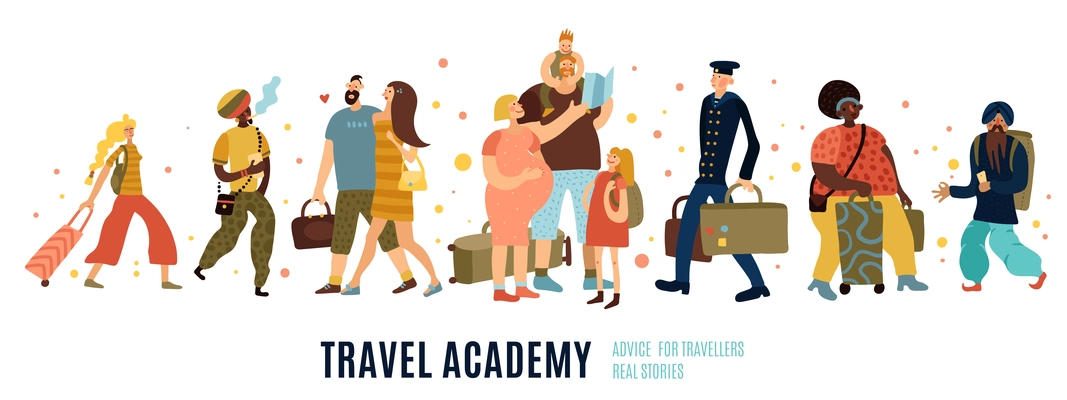 Travel academy concept with travel advice symbols flat isolated vector illustration