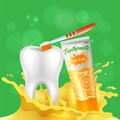 Kids dental care realistic composition with white shining healthy tooth brushed with orange flavored toothpaste vector illustration