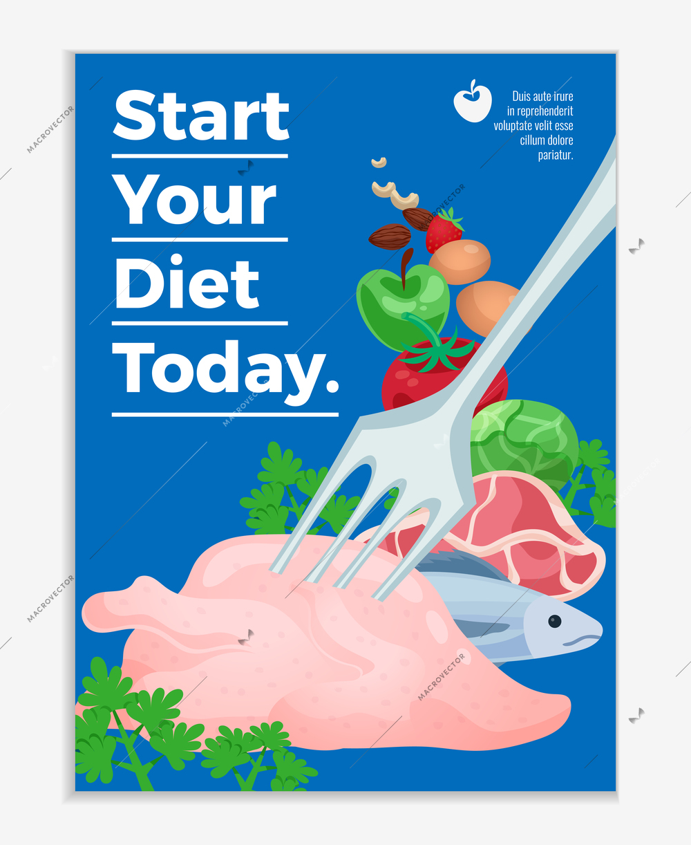 Diet poster with raw meat products and vegetables and text start your diet today cartoon vector illustration