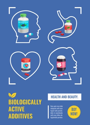 Biological active additives poster with human organs line icons and medical jars with pills and capsules vector illustration