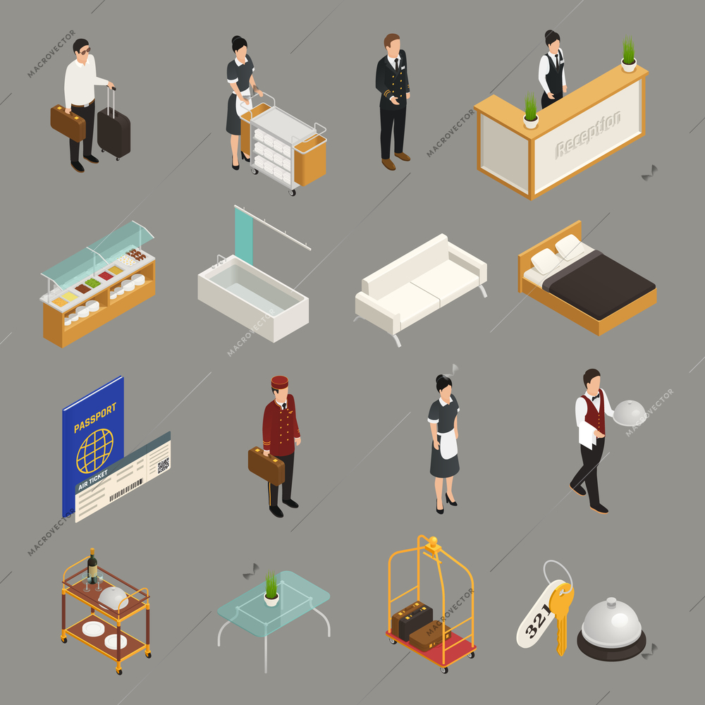 Hotel service and staff tourist with luggage furniture isometric icons isolated on grey background vector illustration