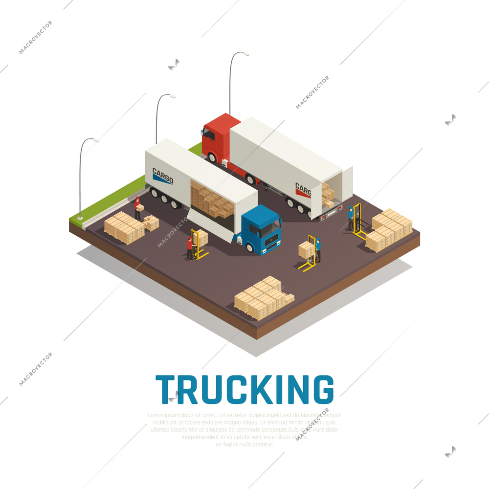 Trucking isometric composition with cargo loading and shipment to heavy vehicles vector illustration