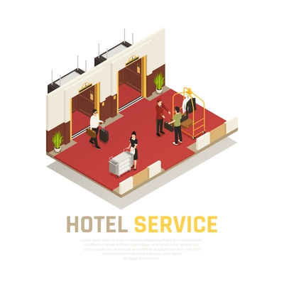 Hotel service isometric composition with maid porter and tourists at lift area with red floor vector illustration