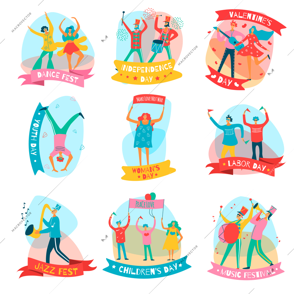 Colored parade holiday people flat emblem set with dance fest independence day valentines day music festival and other headlines vector illustration