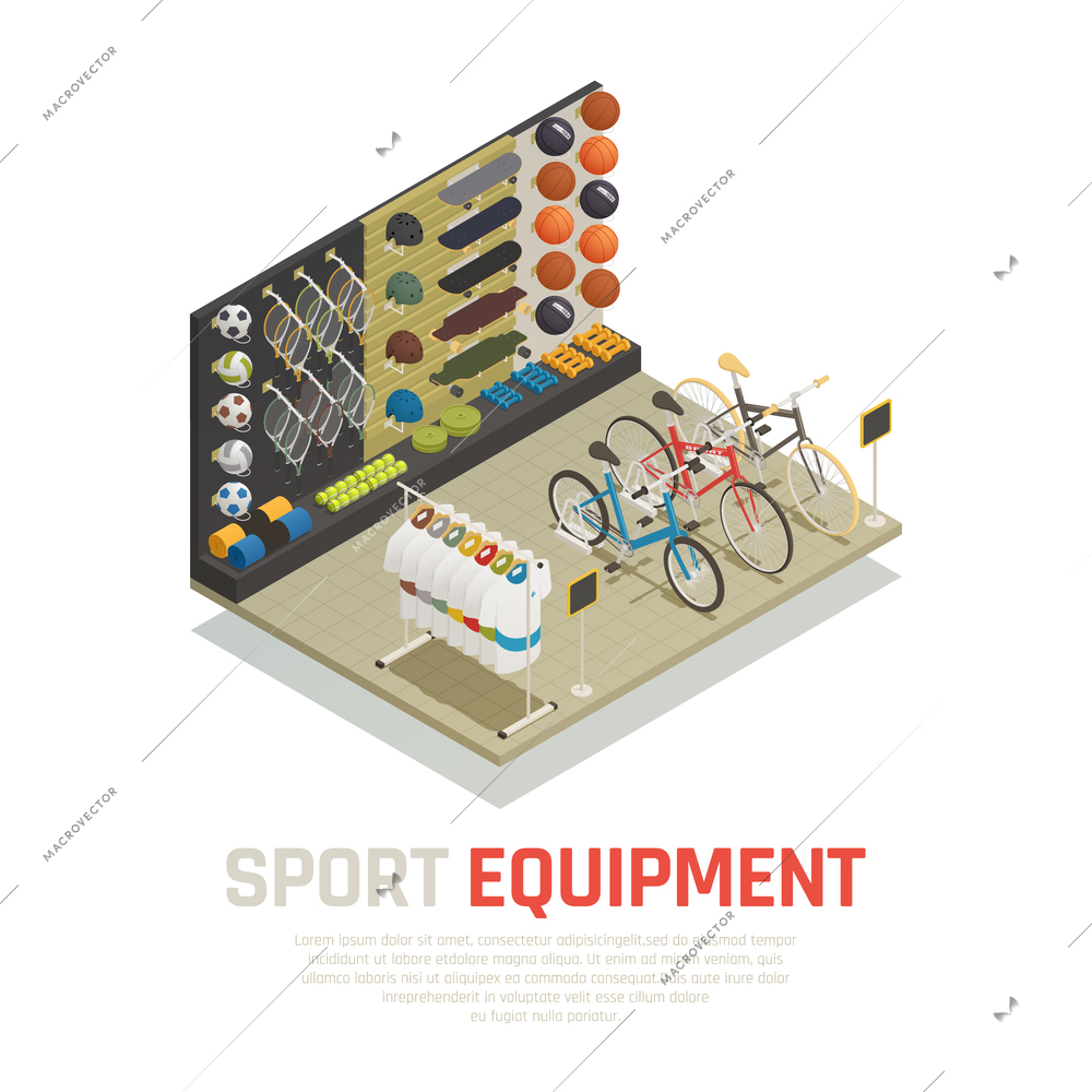 Stop shelves with sport equipment tennis racket skateboards mats for yoga and bicycles isometric composition vector illustration