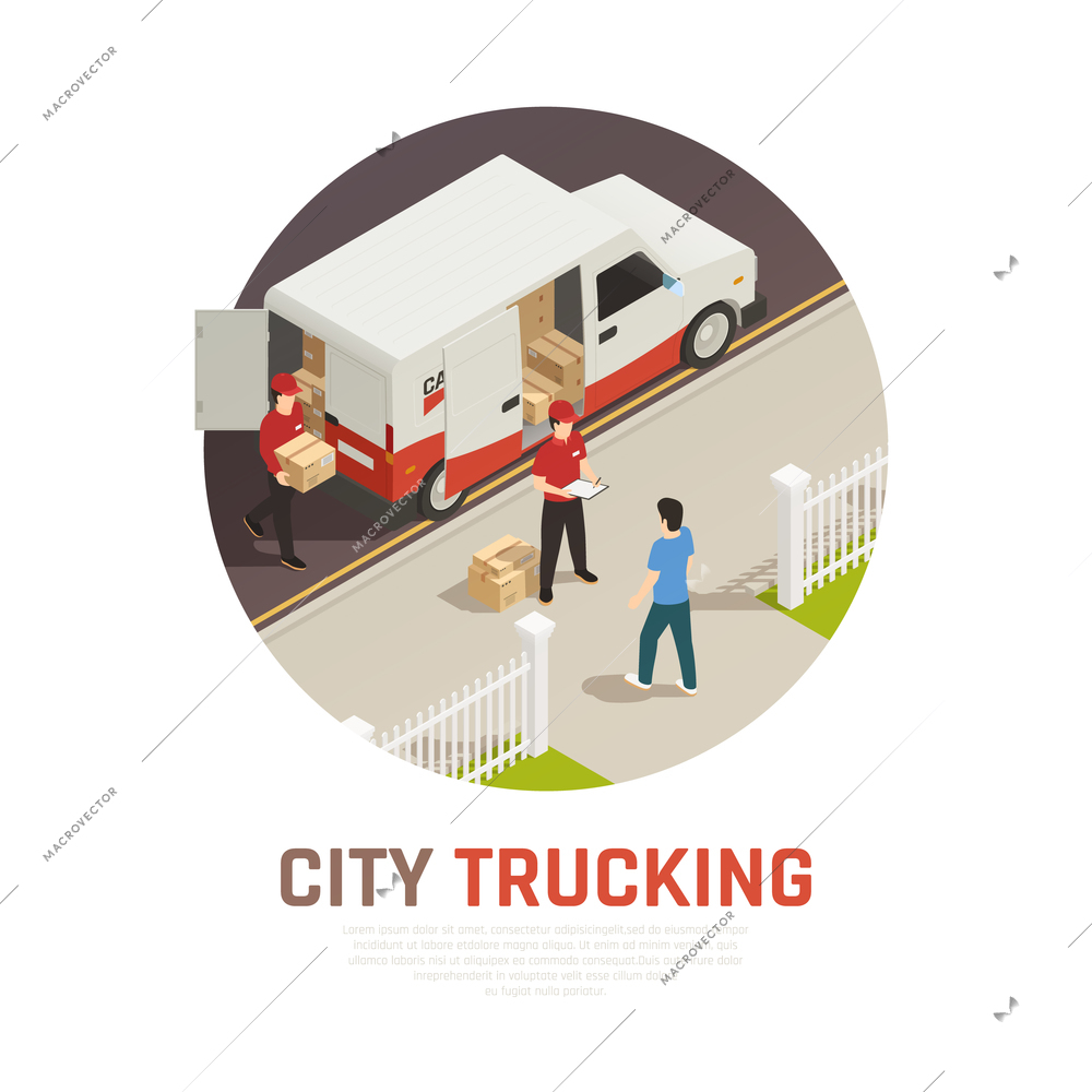 City trucking isometric round composition with cargo delivery by mini bus vector illustration