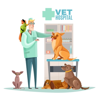 Vet hospital composition with veterinarian and pets interior elements flat vector illustration