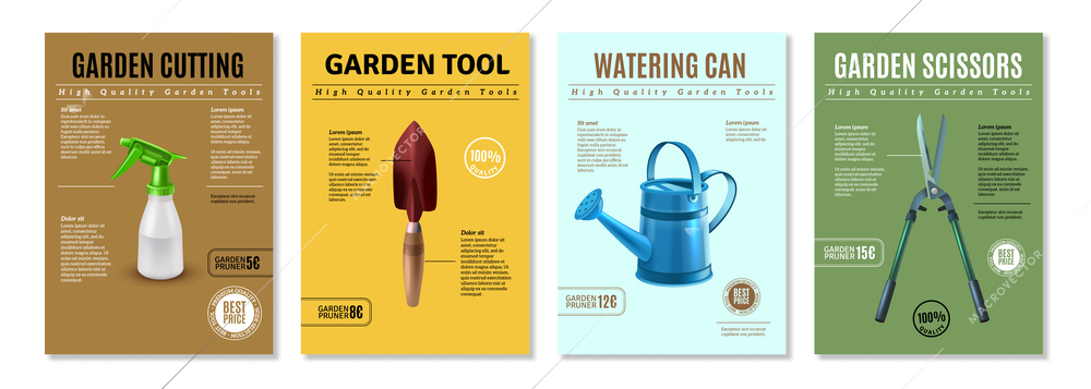 Garden tools accessories presentation realistic advertisement background posters banners set with pruning shears watering equipment vector illustration