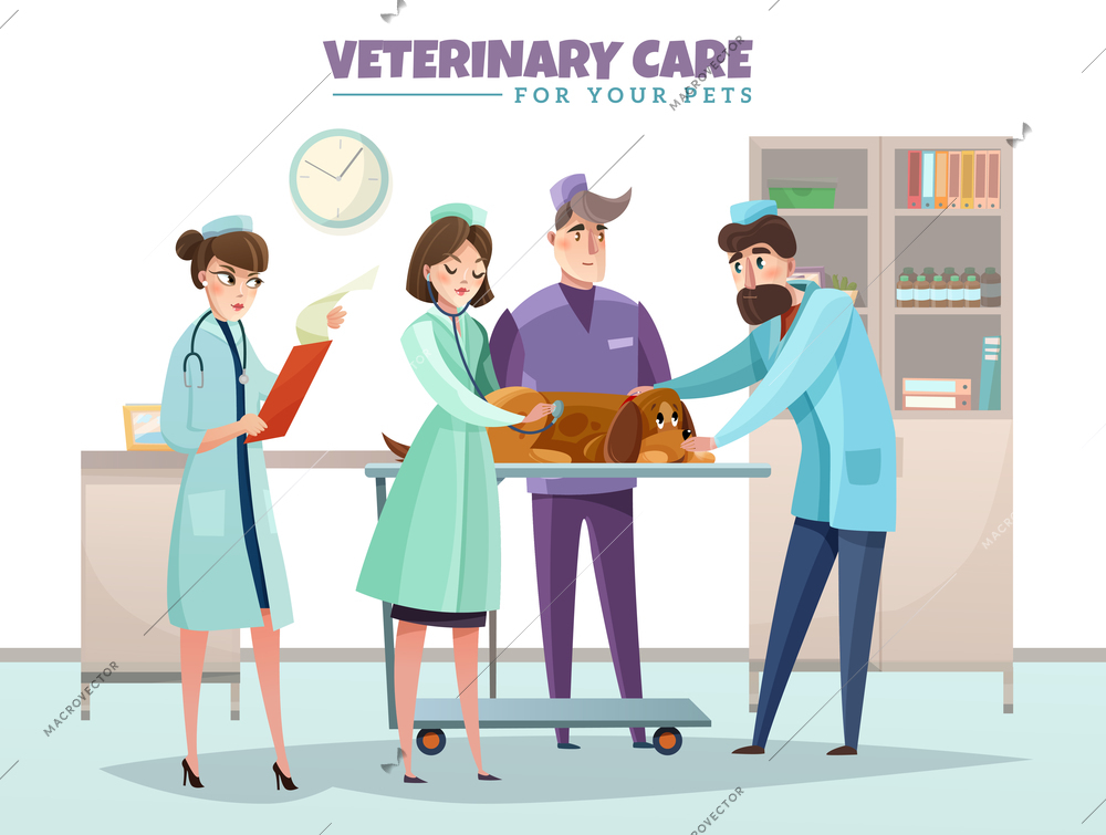 Veterinary care composition with vet doctors during dog inspection interior elements flat vector illustration