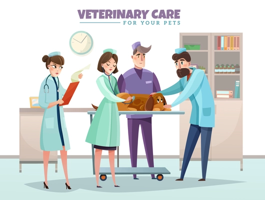 Veterinary care composition with vet doctors during dog inspection interior elements flat vector illustration