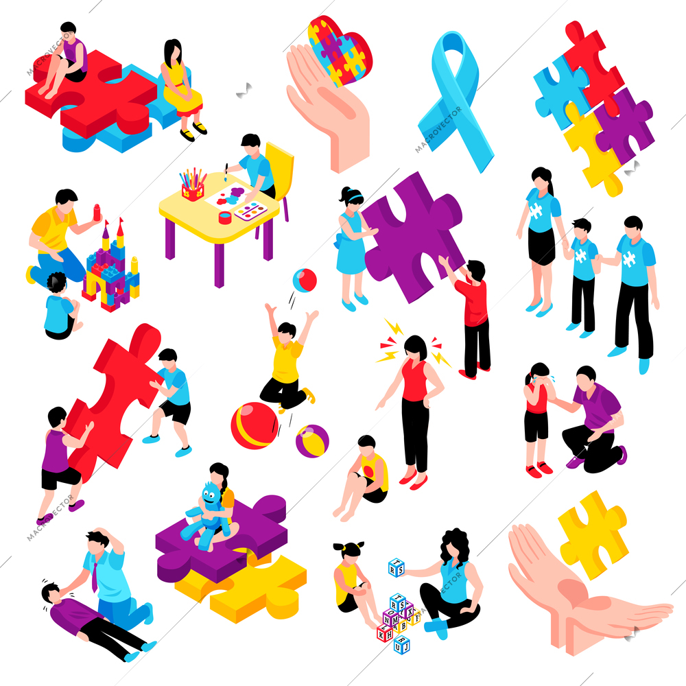 Autism isometric colorful set with behavior difficulties depression communication problems hyperactivity and epilepsy isolated vector illustration