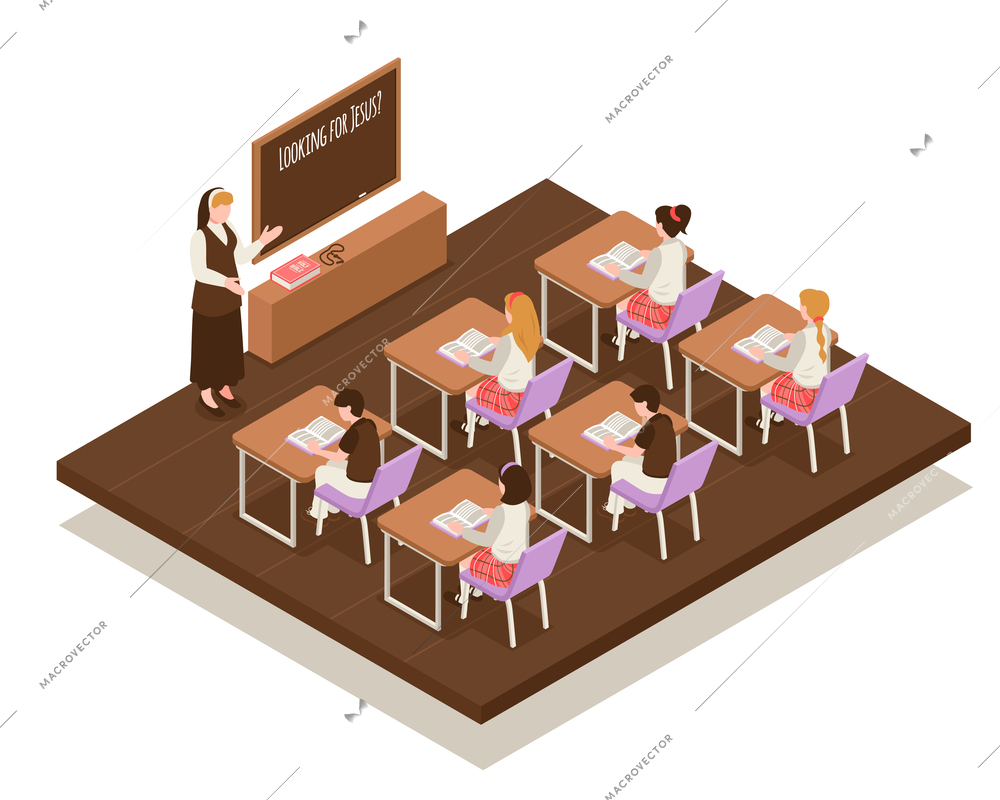 Sunday school isometric composition teacher near board and children at desks during religious lesson vector illustration