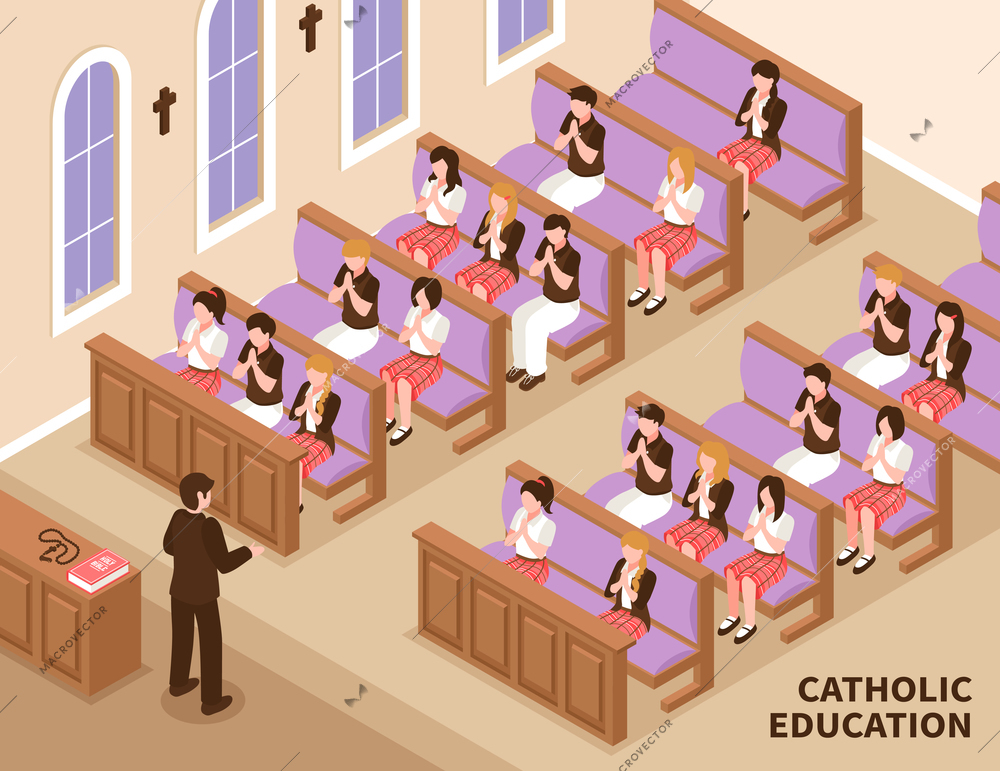 Catholic religious education priest and children during praying in church isometric vector illustration