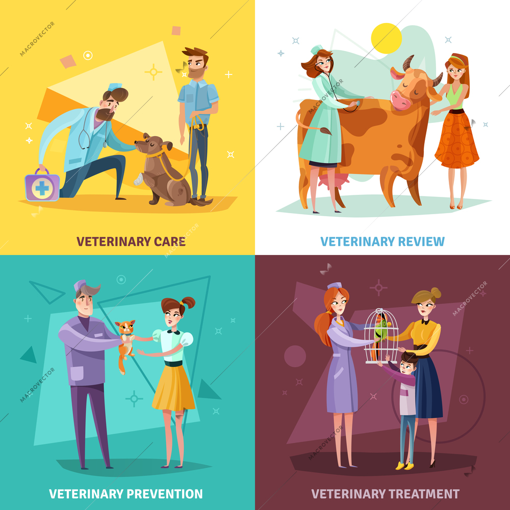 Vet doctors design concept with pets and farm animals veterinary treatment and prevention isolated vector illustration