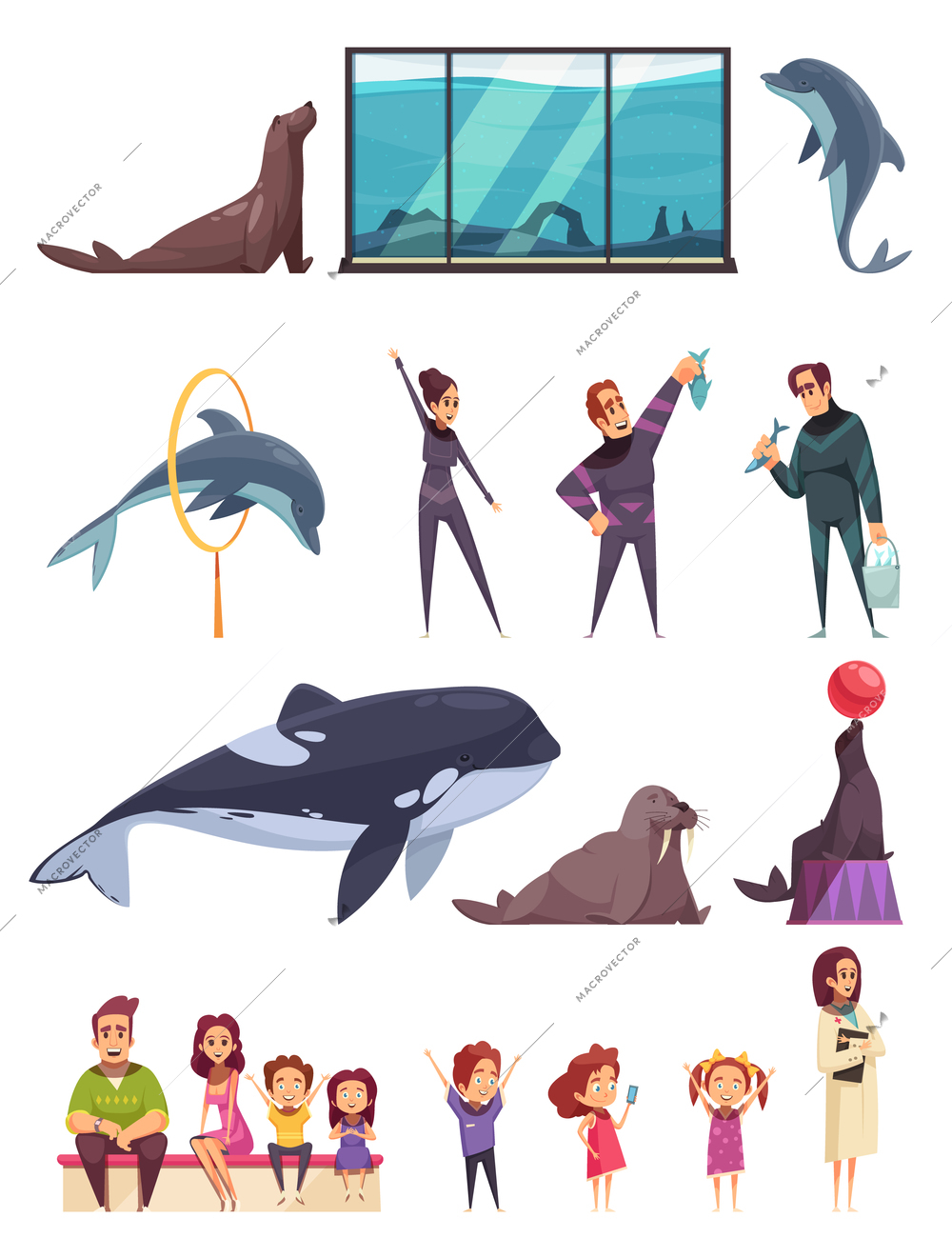 Dolphinarium set with isolated compositions of flat animal images and human characters with kids and adults vector illustration