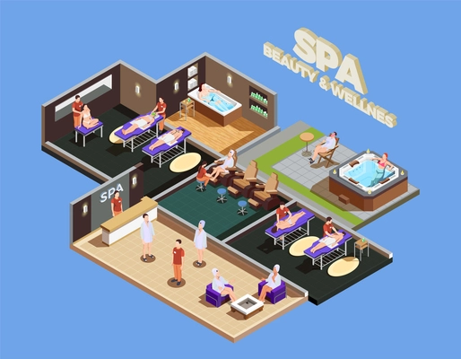 Spa center isometric composition with customers and staff various wellness services on blue background vector illustration