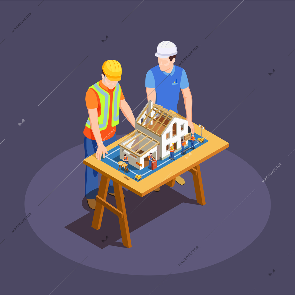 Architect and foreman with house construction project on wooden desk isometric composition on dark background vector illustration