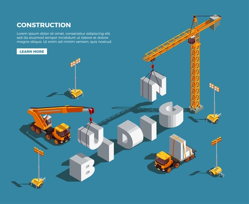 Construction vehicles creating word from white letters and lighting equipment isometric composition on blue background vector illustration