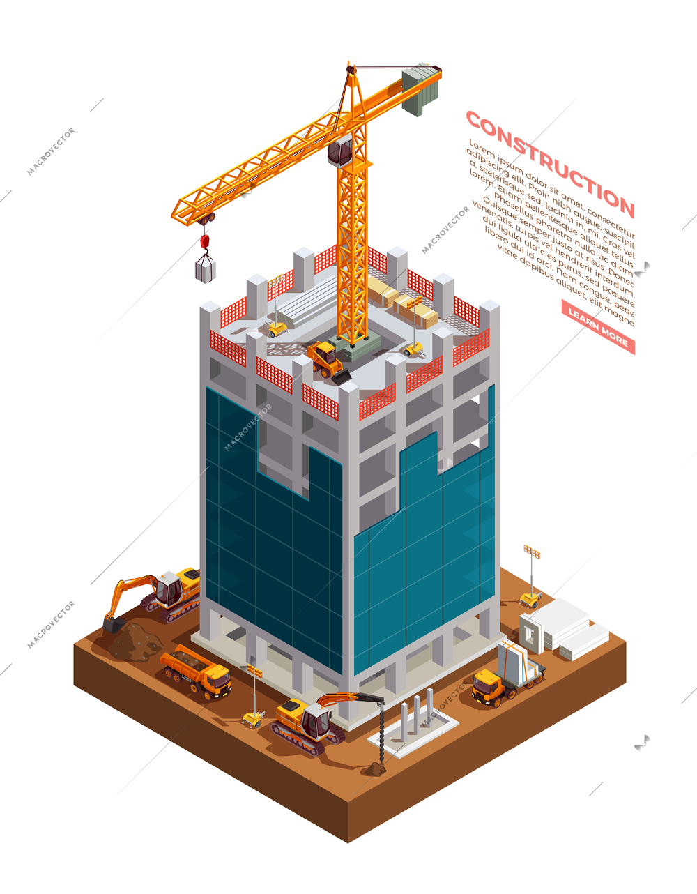 Construction equipment on building site of sky scraper from concrete and glass isometric composition vector illustration