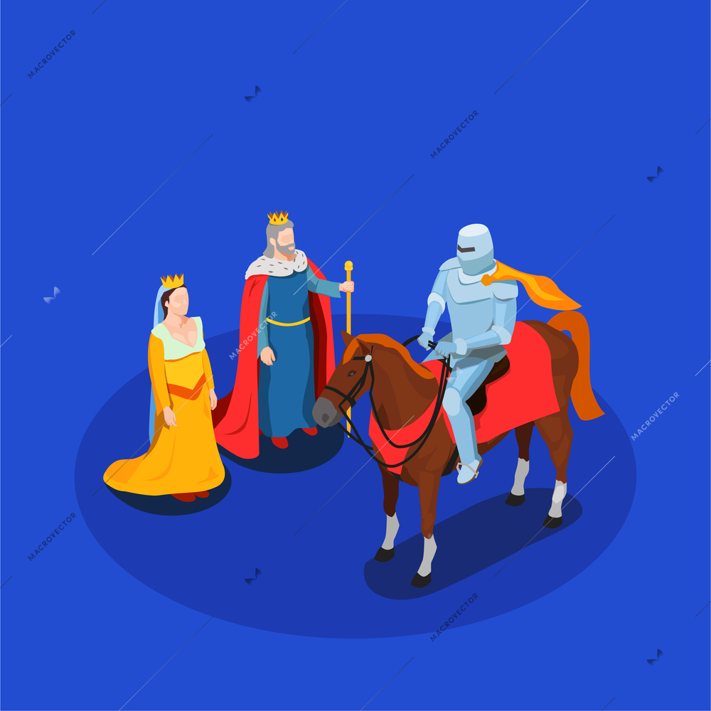 Medieval chivalry isometric composition king and queen knight in armor on horse on blue background vector illustration